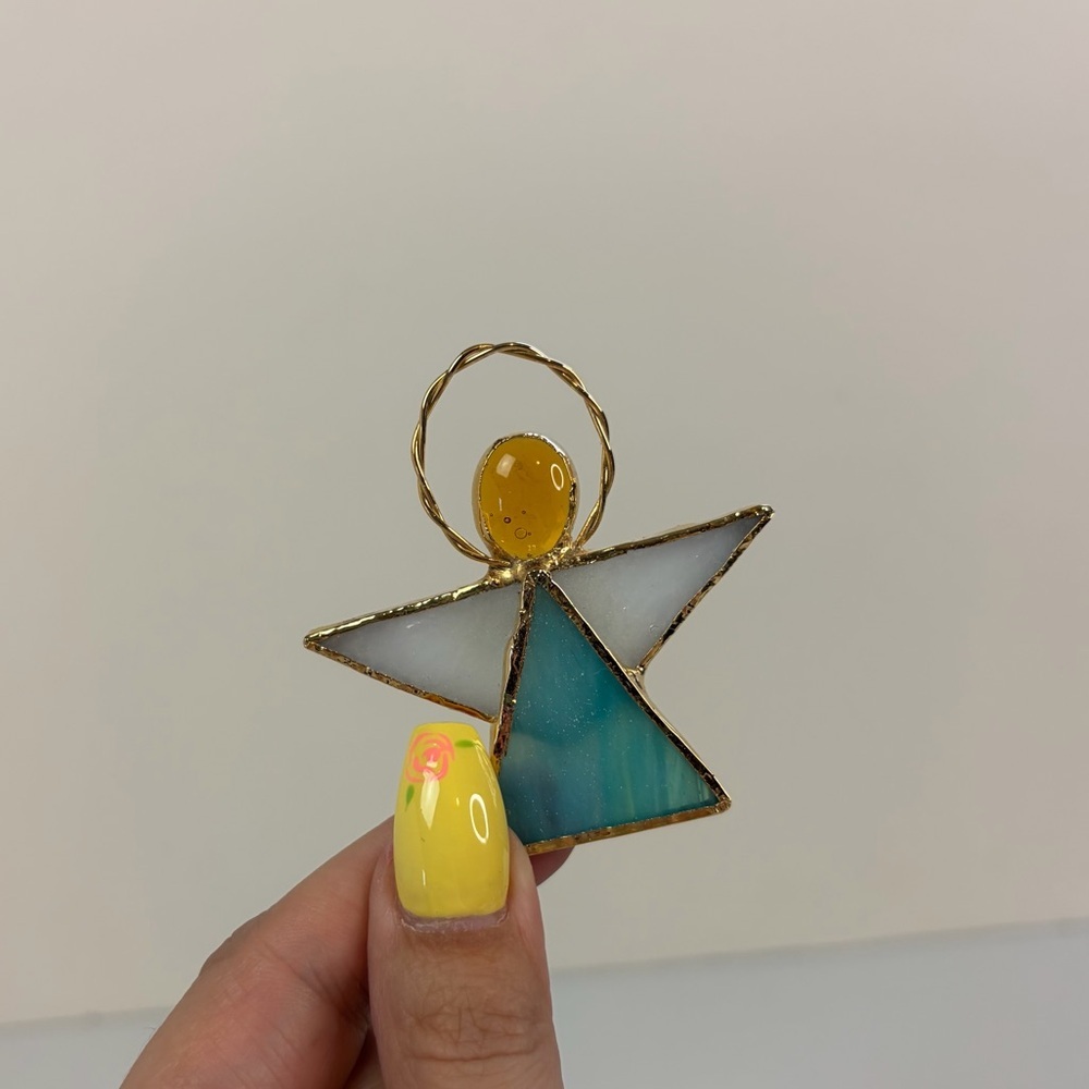 Vintage Stained Glass Angel Brooch Christmas Pin Jewelry Handmade 1990s Blue